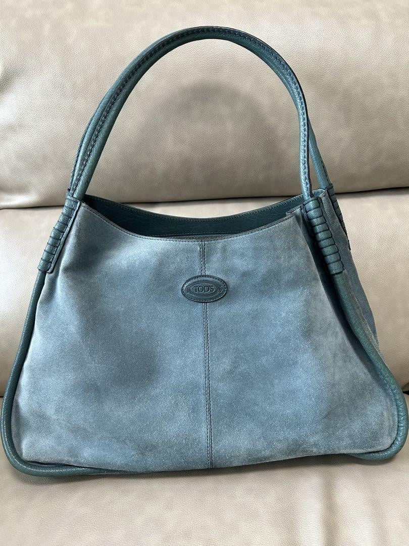TOD'S Hand Bag Tote Purse Logo Suede Blue Green Authentic