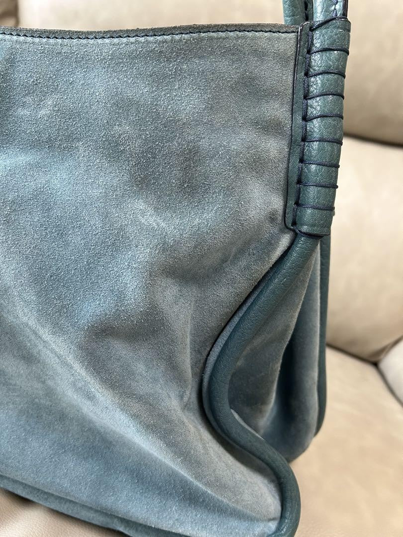 TOD'S Hand Bag Tote Purse Logo Suede Blue Green Authentic