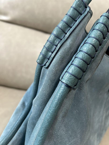 TOD'S Hand Bag Tote Purse Logo Suede Blue Green Authentic