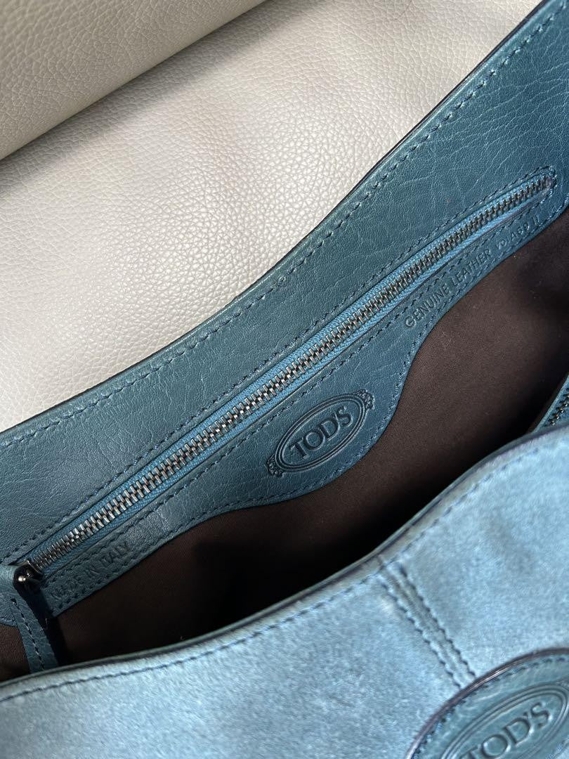 TOD'S Hand Bag Tote Purse Logo Suede Blue Green Authentic