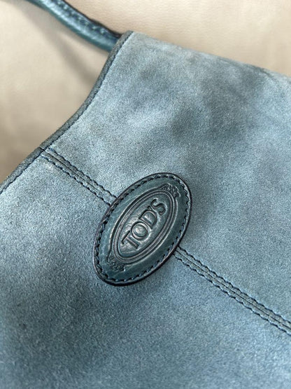 TOD'S Hand Bag Tote Purse Logo Suede Blue Green Authentic