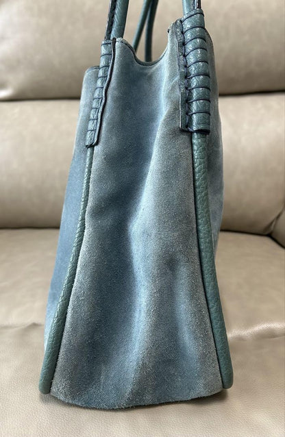 TOD'S Hand Bag Tote Purse Logo Suede Blue Green Authentic