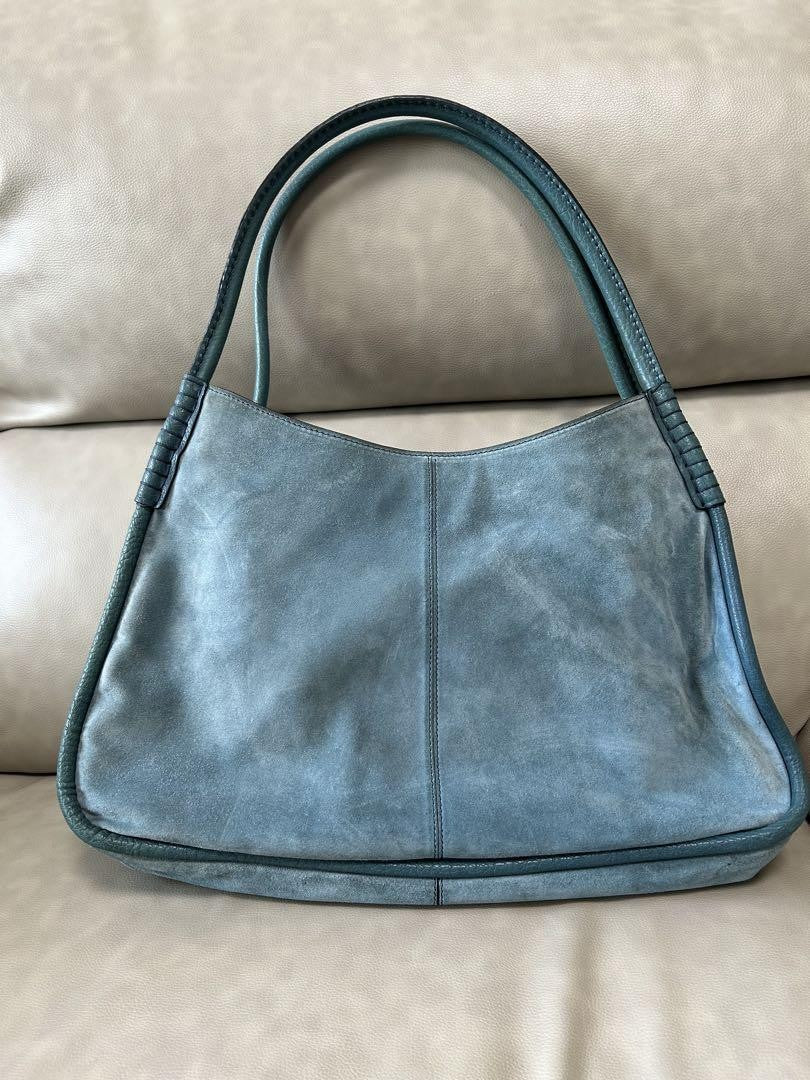 TOD'S Hand Bag Tote Purse Logo Suede Blue Green Authentic