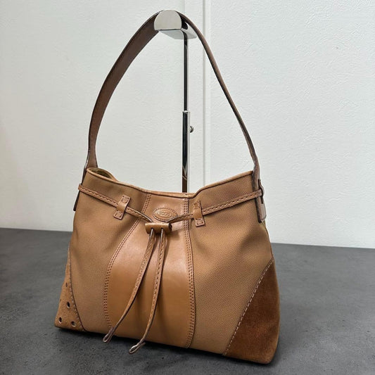 TOD'S Shoulder Bag Purse Canvas Leather Suede Authentic