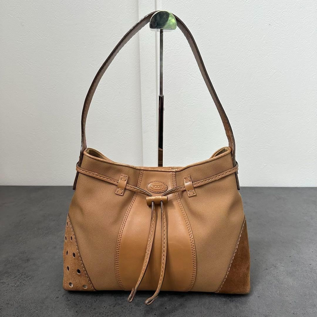 TOD'S Shoulder Bag Purse Canvas Leather Suede Authentic