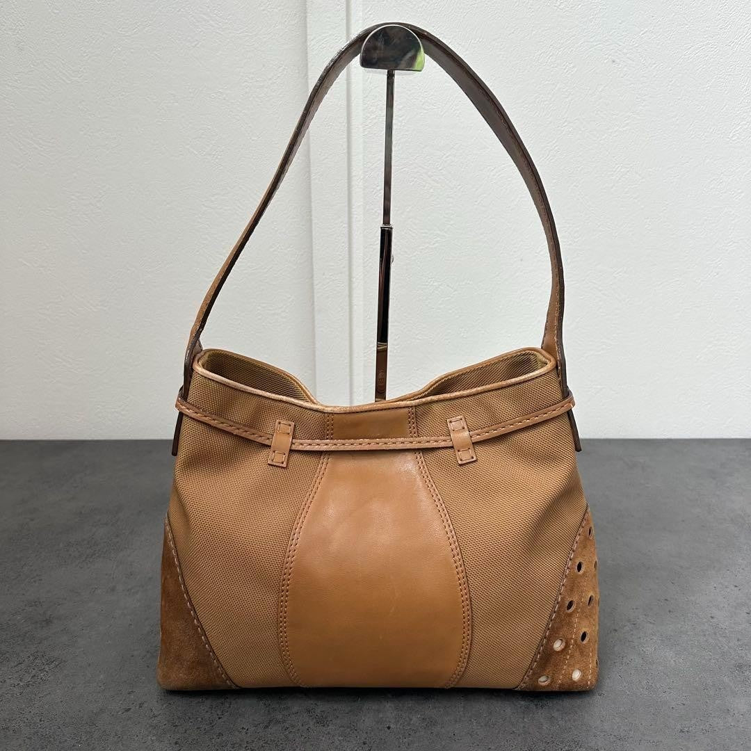 TOD'S Shoulder Bag Purse Canvas Leather Suede Authentic