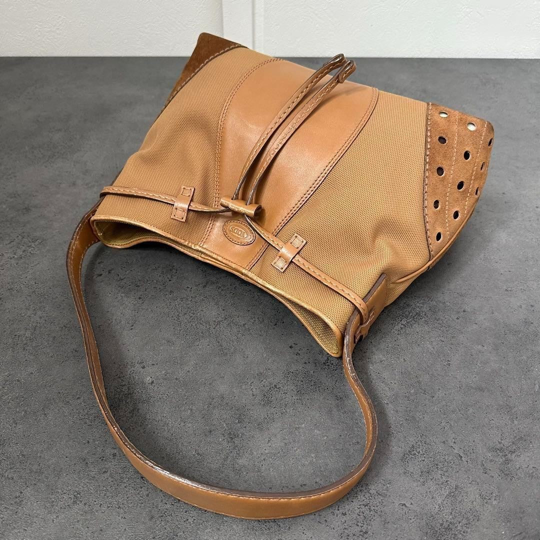 TOD'S Shoulder Bag Purse Canvas Leather Suede Authentic