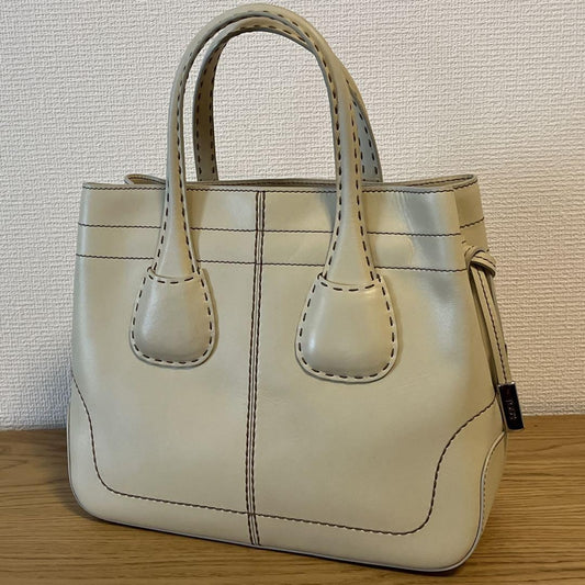 TOD'S Hand Bag Tote Purse Leather Off White Beige Authentic