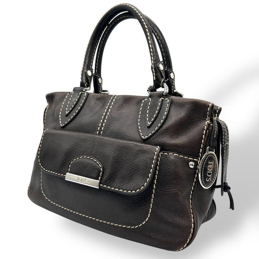 TOD'S Hand Bag Tote Purse Leather Dark Brown Authentic