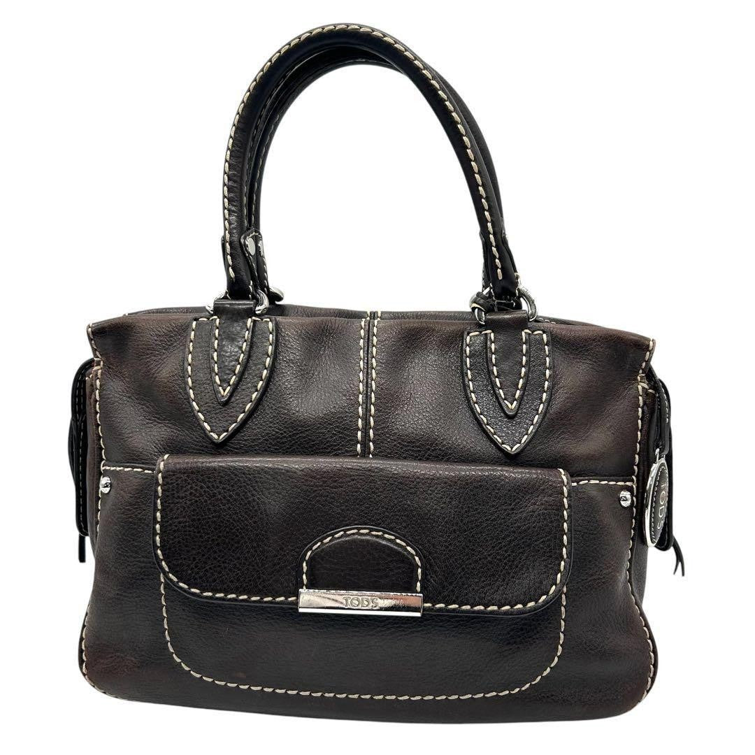 TOD'S Hand Bag Tote Purse Leather Dark Brown Authentic