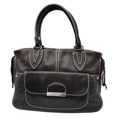 TOD'S Hand Bag Tote Purse Leather Dark Brown Authentic