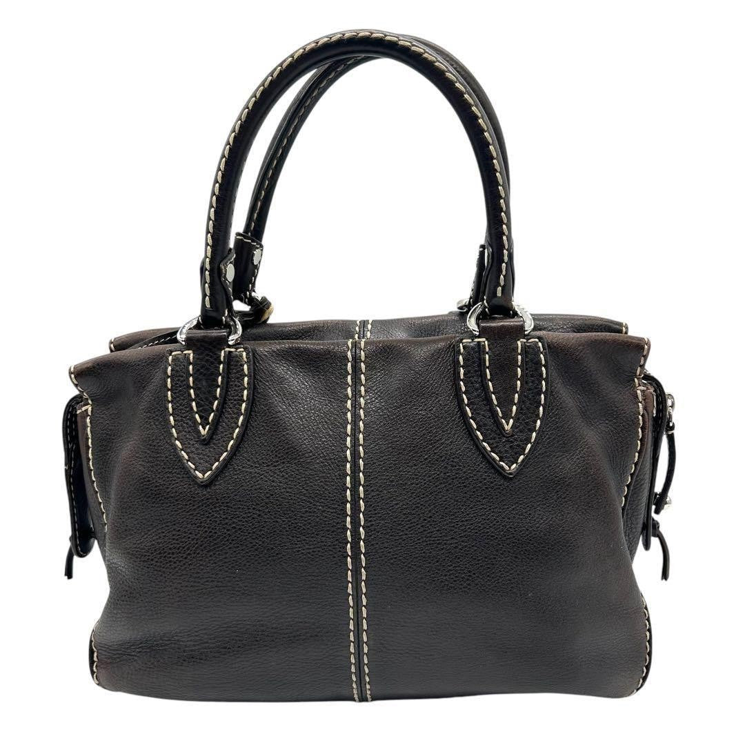 TOD'S Hand Bag Tote Purse Leather Dark Brown Authentic