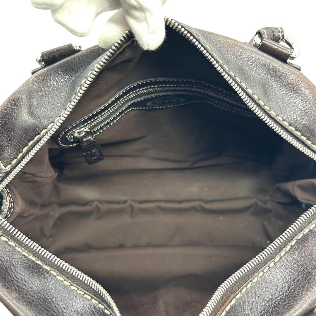 TOD'S Hand Bag Tote Purse Leather Dark Brown Authentic