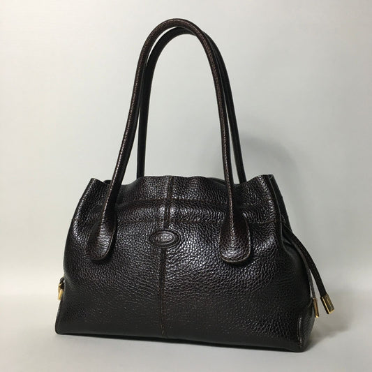 TOD'S Hand Bag Tote Purse Leather Dark Brown Authentic