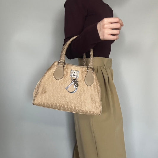 Christian Dior Handbag Trotter Charm Tote Purse Nylon Leather Beige Authentic