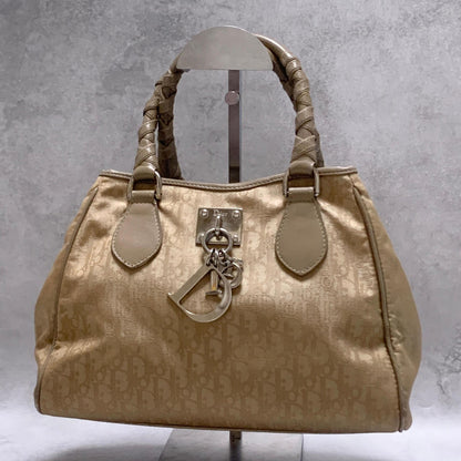 Christian Dior Handbag Trotter Charm Tote Purse Nylon Leather Beige Authentic