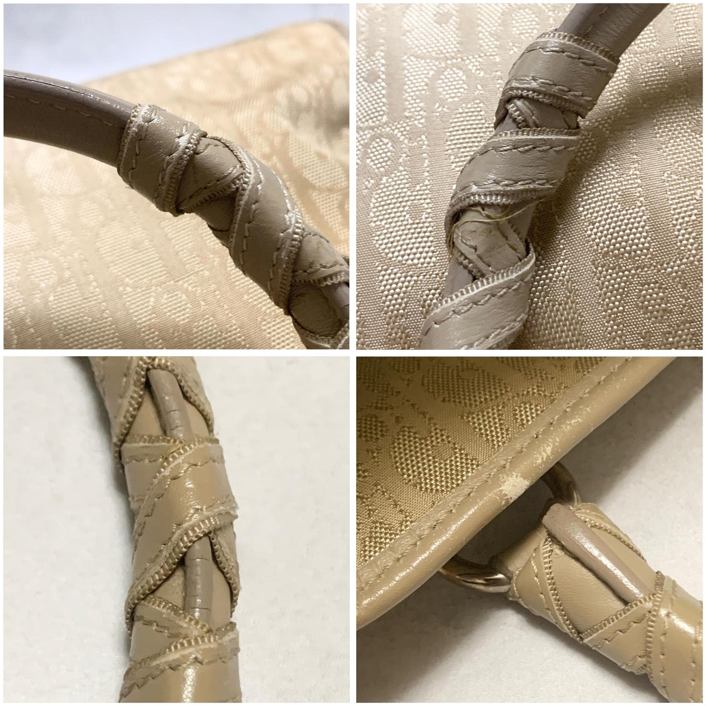 Christian Dior Handbag Trotter Charm Tote Purse Nylon Leather Beige Authentic
