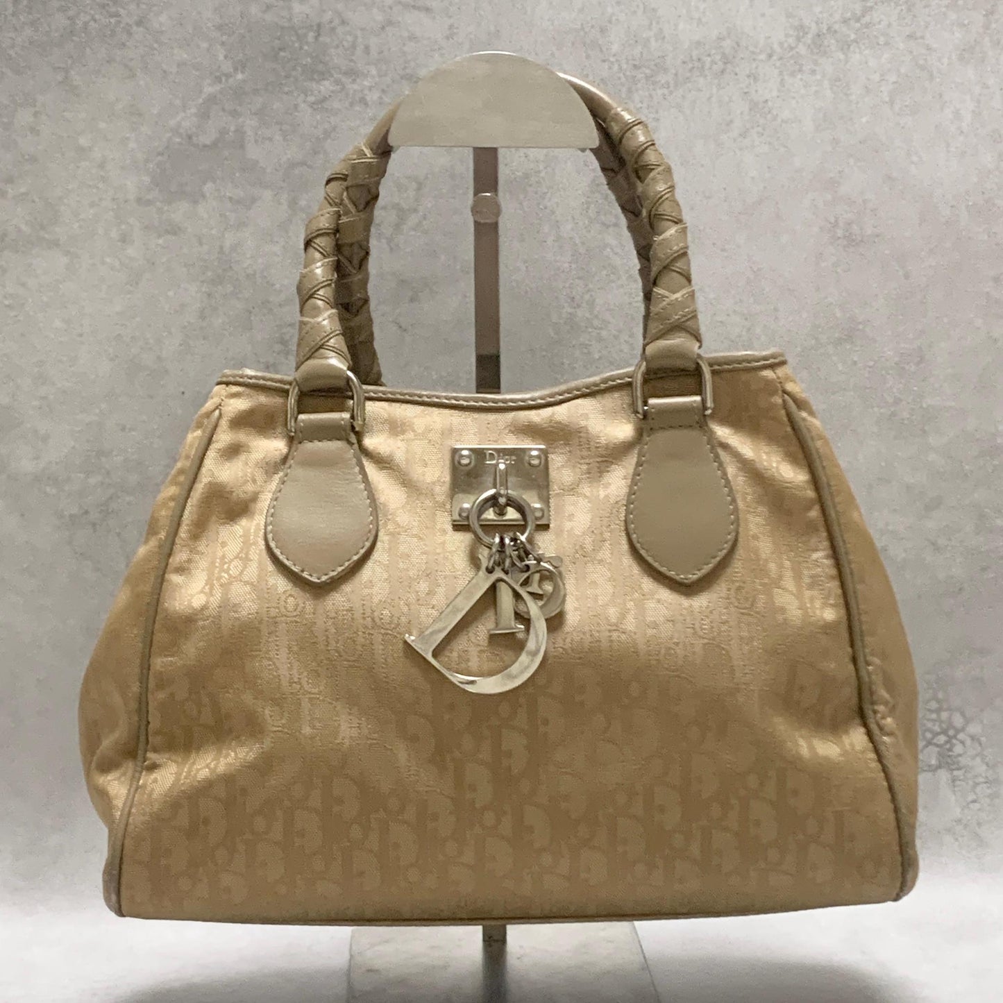Christian Dior Handbag Trotter Charm Tote Purse Nylon Leather Beige Authentic
