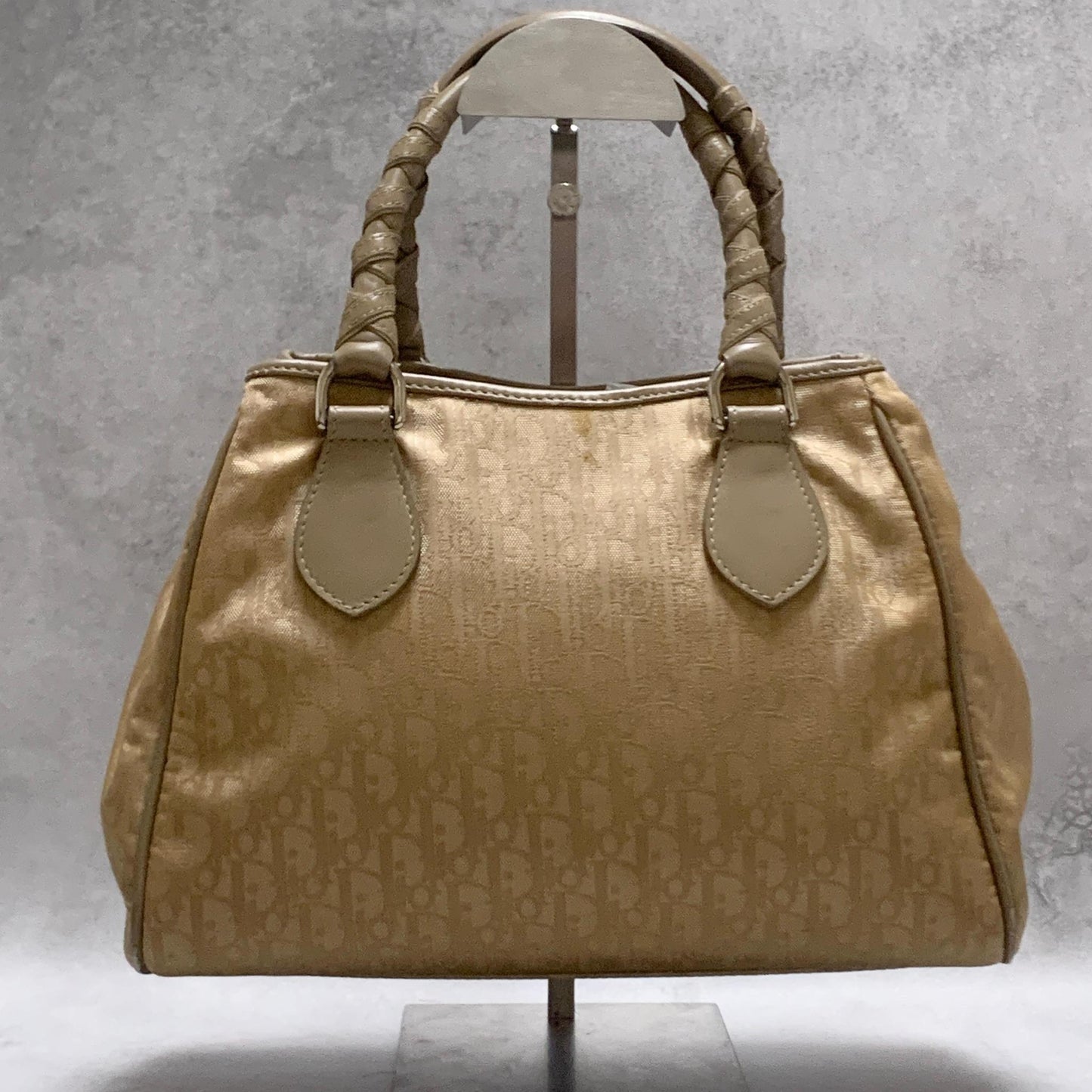Christian Dior Handbag Trotter Charm Tote Purse Nylon Leather Beige Authentic