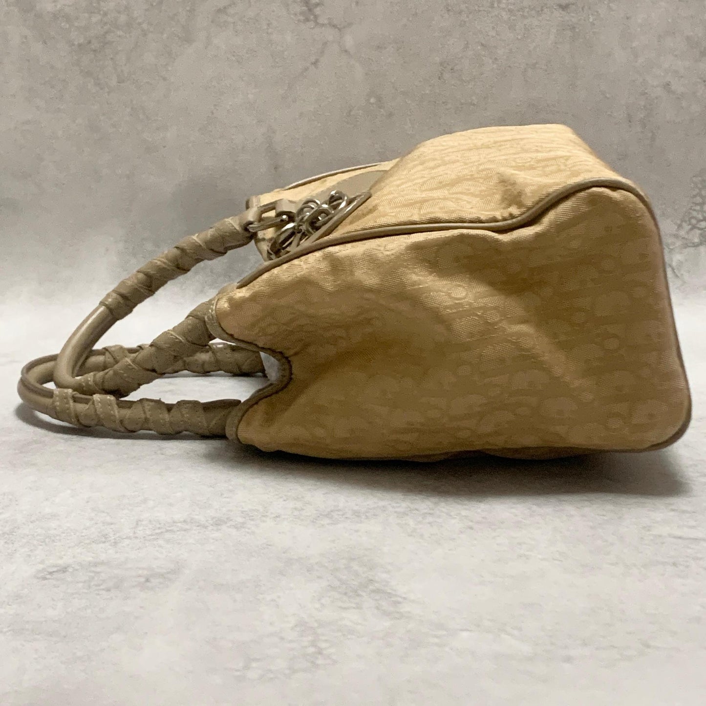 Christian Dior Handbag Trotter Charm Tote Purse Nylon Leather Beige Authentic