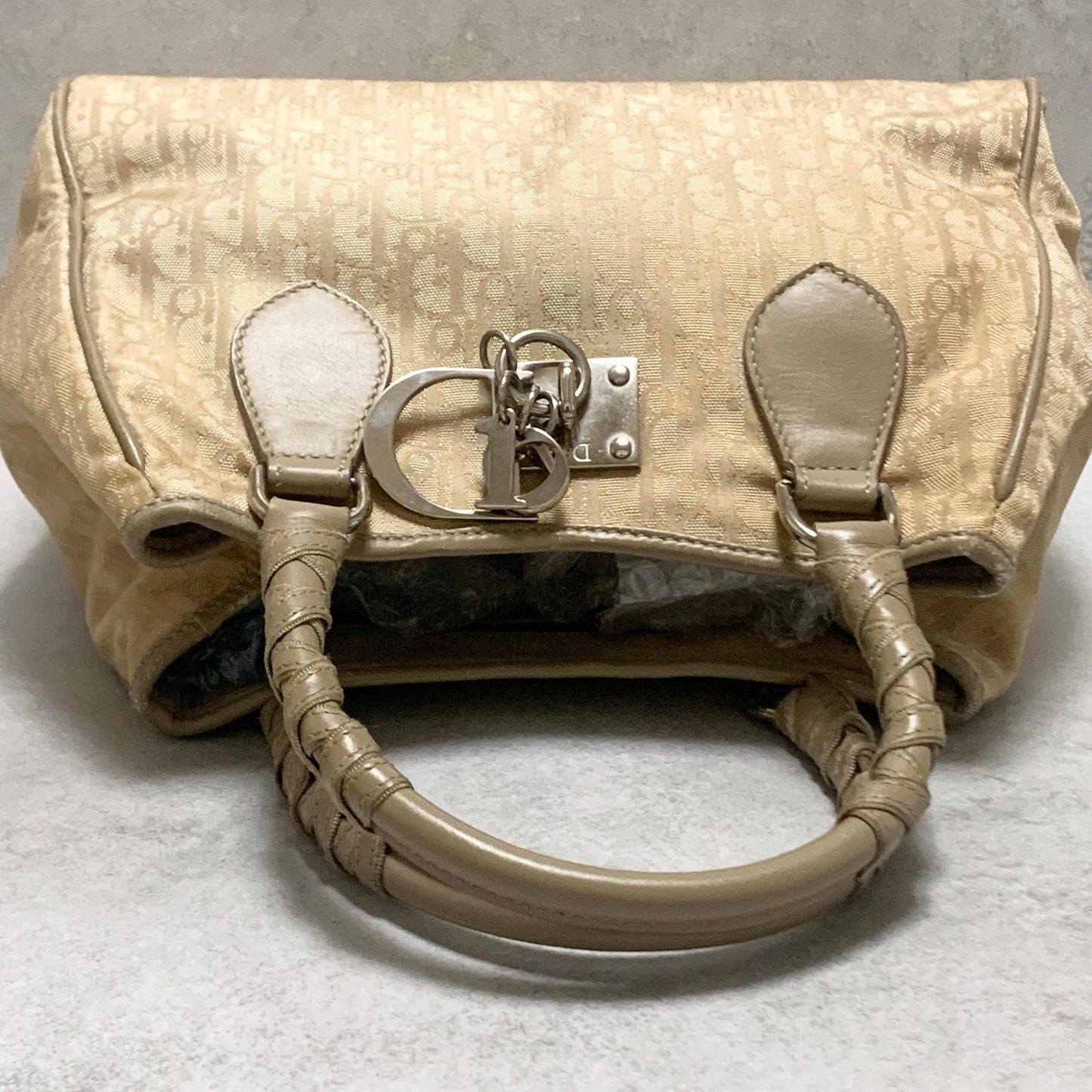 Christian Dior Handbag Trotter Charm Tote Purse Nylon Leather Beige Authentic