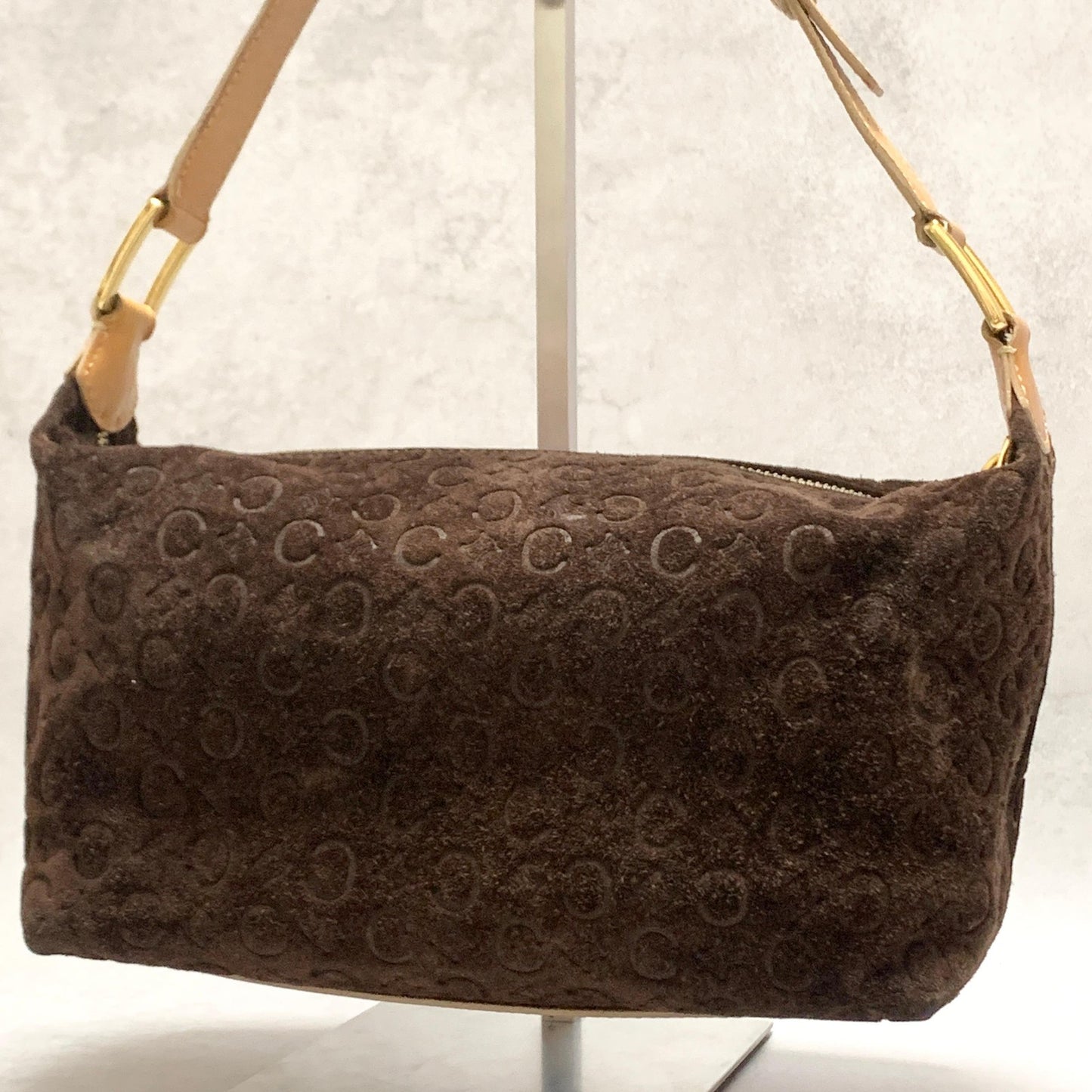 CELINE Bag C Macadam Shoulder Purse Suede Leather Brown Beige Gold Authentic