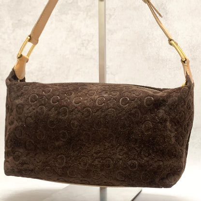 CELINE Bag C Macadam Shoulder Purse Suede Leather Brown Beige Gold Authentic
