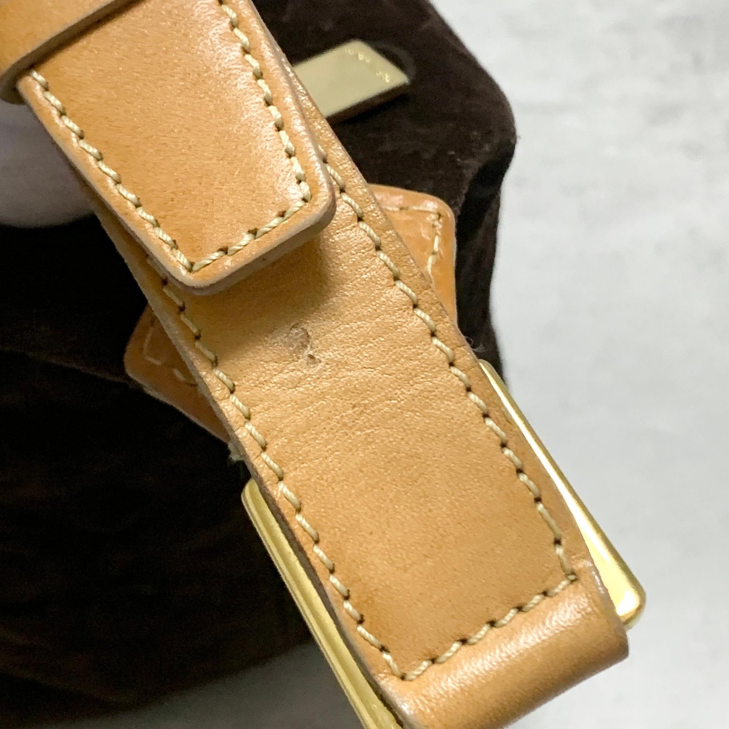 CELINE Bag C Macadam Shoulder Purse Suede Leather Brown Beige Gold Authentic
