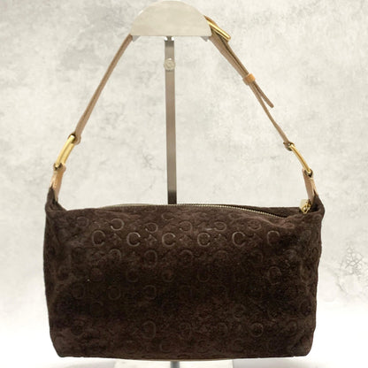 CELINE Bag C Macadam Shoulder Purse Suede Leather Brown Beige Gold Authentic