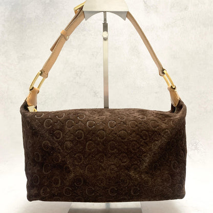 CELINE Bag C Macadam Shoulder Purse Suede Leather Brown Beige Gold Authentic