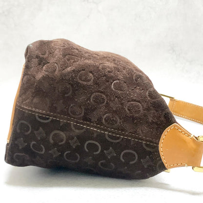 CELINE Bag C Macadam Shoulder Purse Suede Leather Brown Beige Gold Authentic