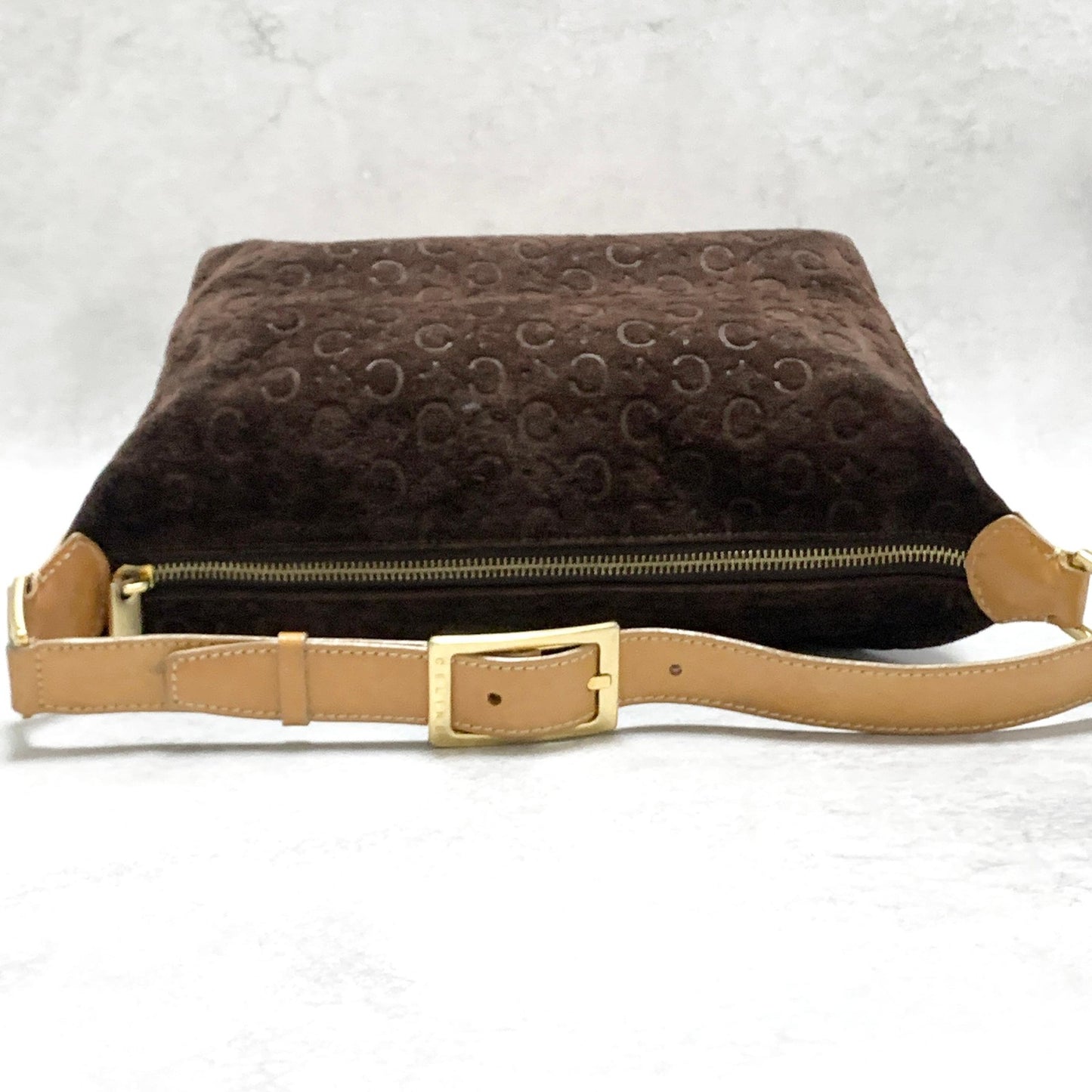 CELINE Bag C Macadam Shoulder Purse Suede Leather Brown Beige Gold Authentic