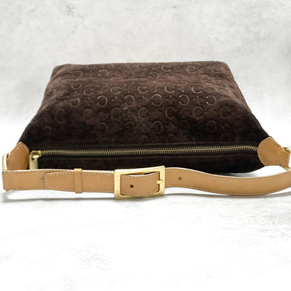 CELINE Bag C Macadam Shoulder Purse Suede Leather Brown Beige Gold Authentic