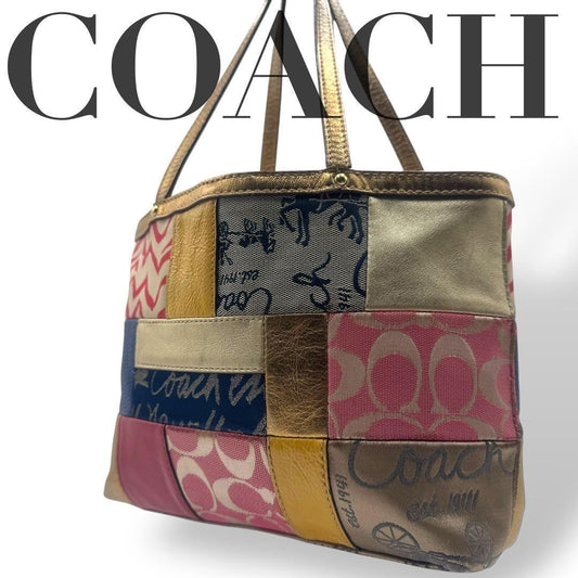 COACH Hand Bag Tote Purse Signature Denim Canvas Leather Multicolor Authentic