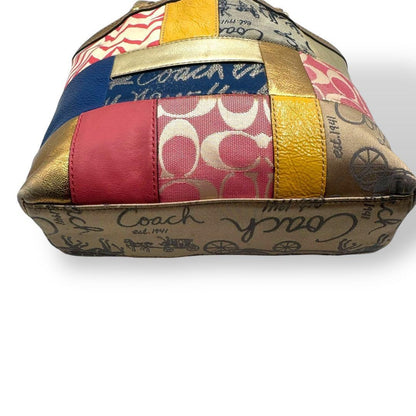 COACH Hand Bag Tote Purse Signature Denim Canvas Leather Multicolor Authentic