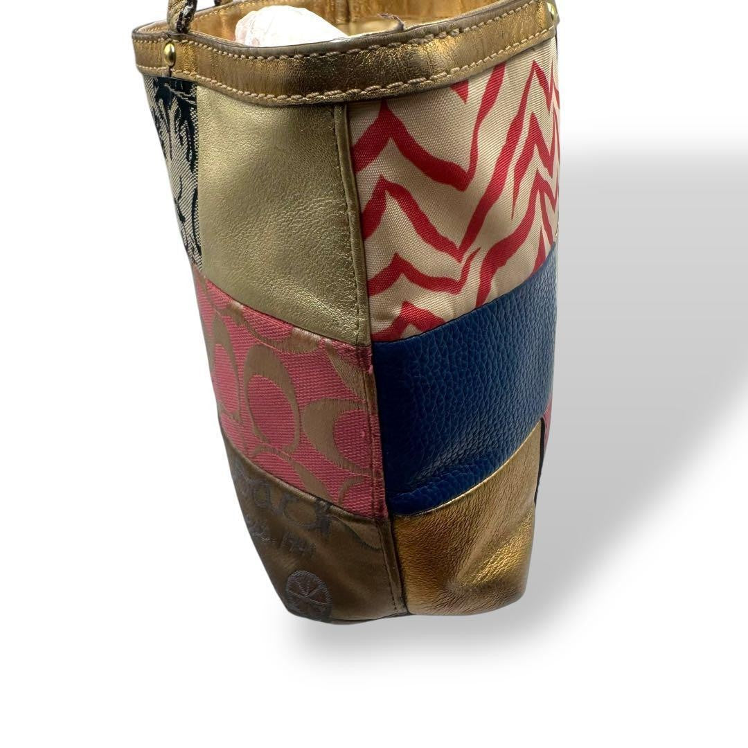 COACH Hand Bag Tote Purse Signature Denim Canvas Leather Multicolor Authentic