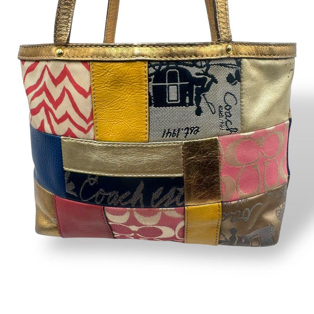 COACH Hand Bag Tote Purse Signature Denim Canvas Leather Multicolor Authentic