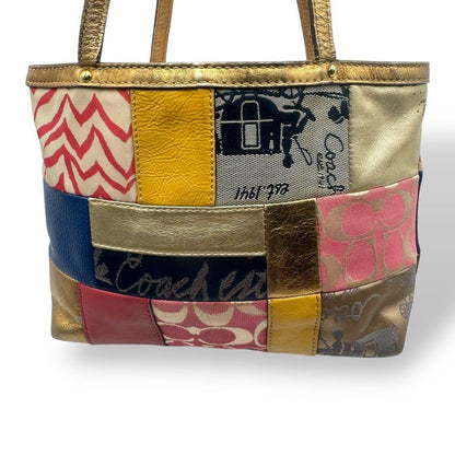 COACH Hand Bag Tote Purse Signature Denim Canvas Leather Multicolor Authentic