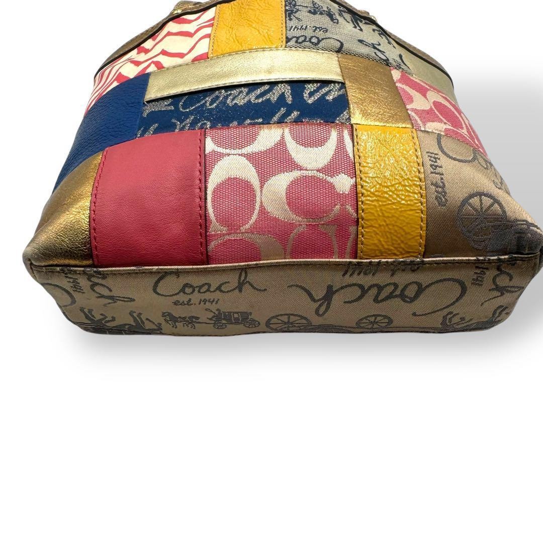 COACH Hand Bag Tote Purse Signature Denim Canvas Leather Multicolor Authentic