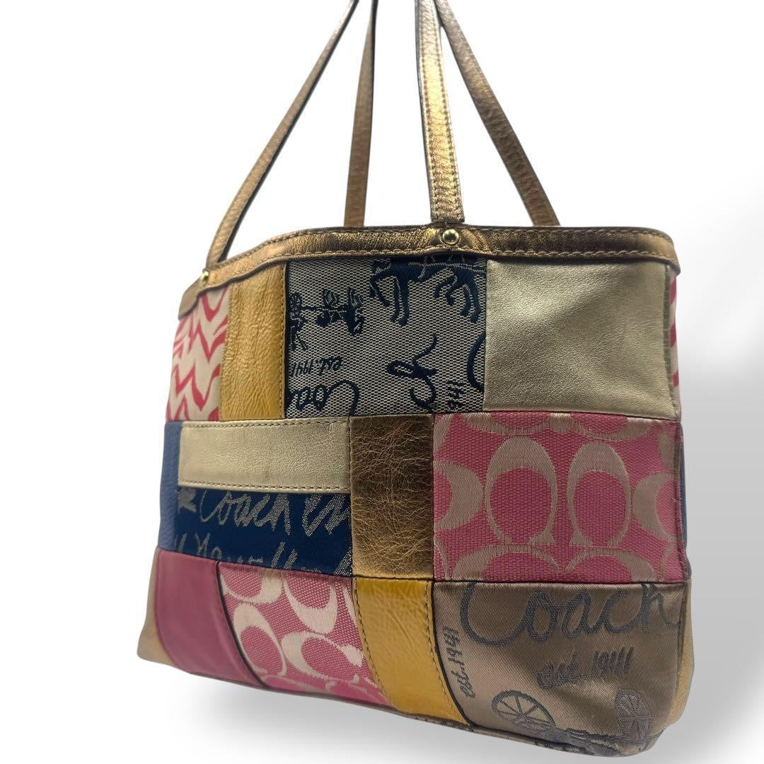 COACH Hand Bag Tote Purse Signature Denim Canvas Leather Multicolor Authentic