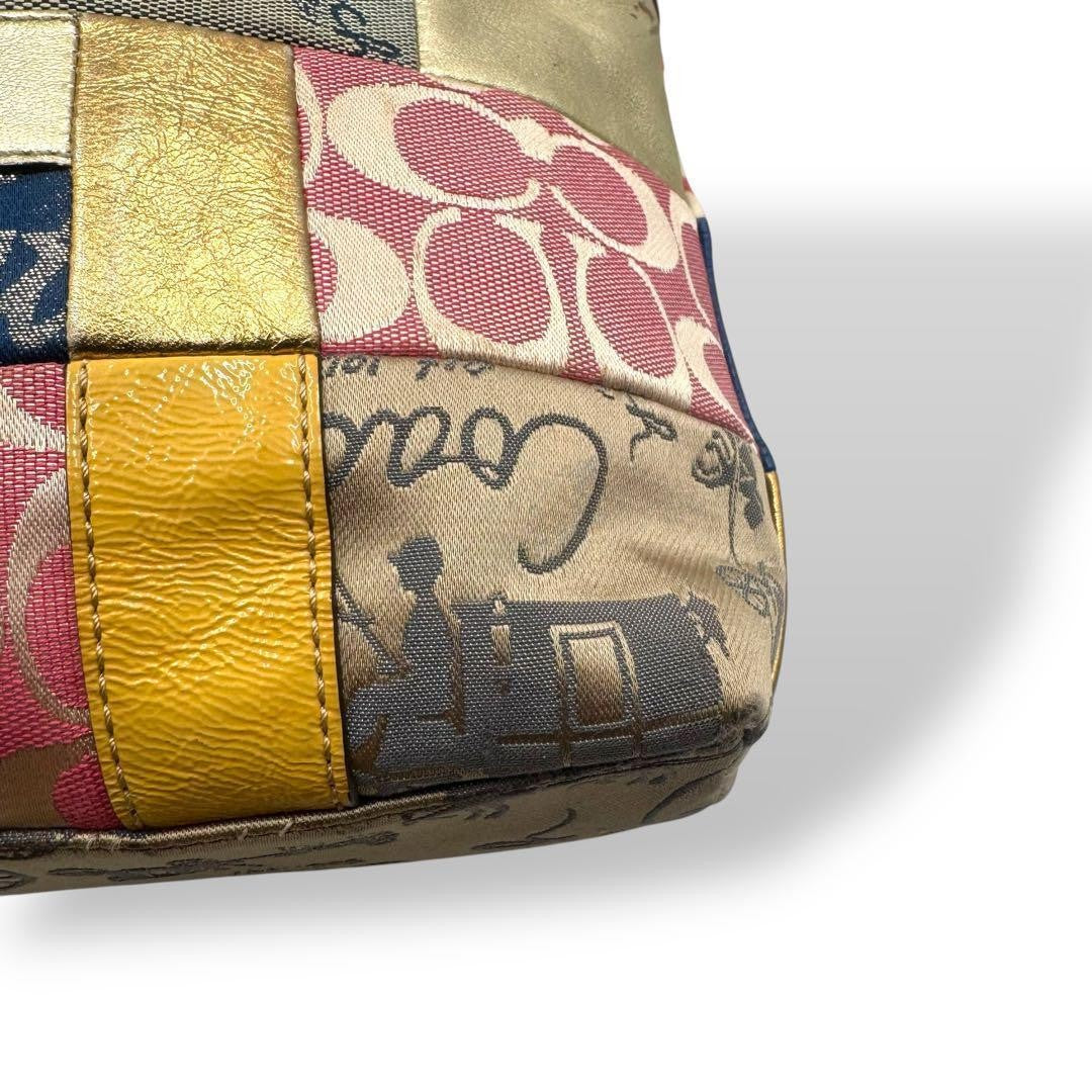 COACH Hand Bag Tote Purse Signature Denim Canvas Leather Multicolor Authentic