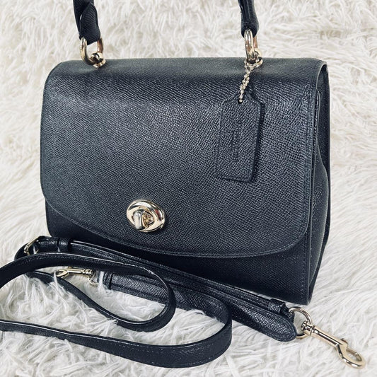 COACH Hand Shoulder Bag Tote Purse 2way Turn Lock Leather Black Authentic