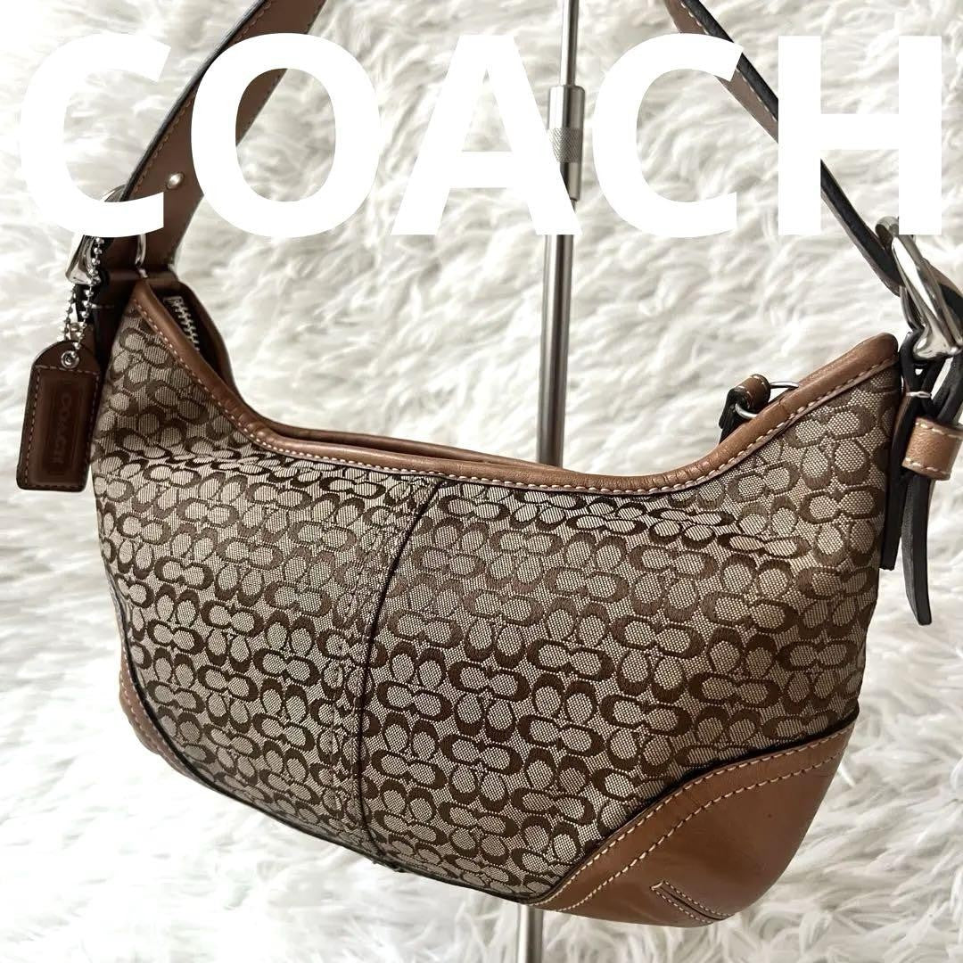 COACH Shoulder Bag Purse Signature 6351 Canvas Leather Beige Brown Authentic