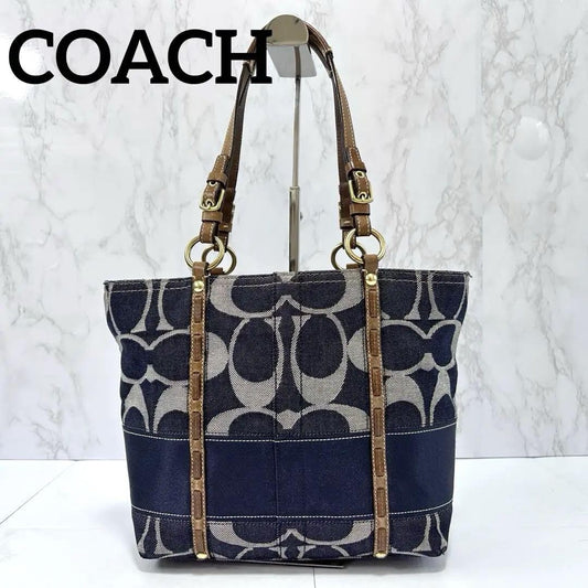 COACH Hand Bag Tote Purse Signature Denim Patchwork Cotton Leather Blue Auth