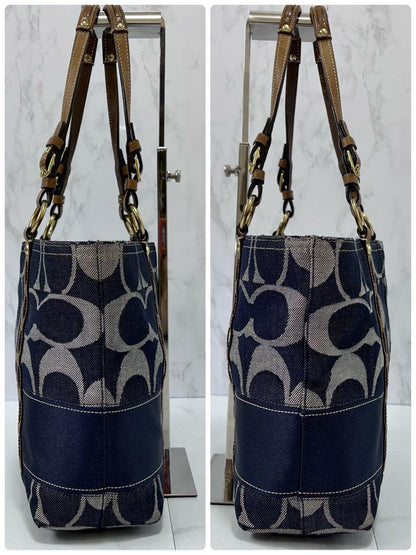 COACH Hand Bag Tote Purse Signature Denim Patchwork Cotton Leather Blue Auth