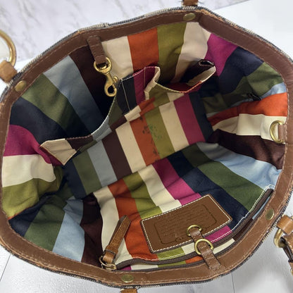 COACH Hand Bag Tote Purse Signature Denim Patchwork Cotton Leather Blue Auth