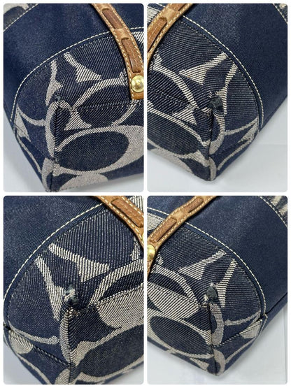 COACH Hand Bag Tote Purse Signature Denim Patchwork Cotton Leather Blue Auth