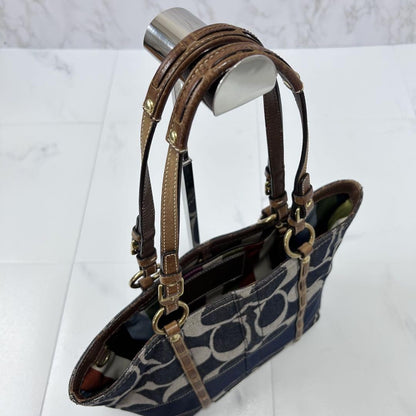 COACH Hand Bag Tote Purse Signature Denim Patchwork Cotton Leather Blue Auth