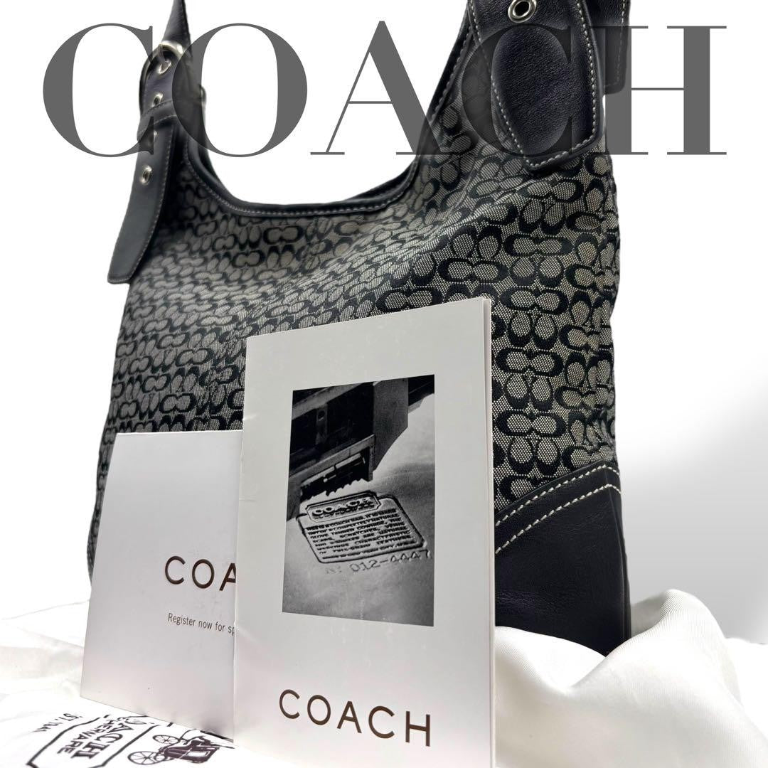 COACH Shoulder Bag Purse Signature 6386 Canvas Leather Black Gray Authentic