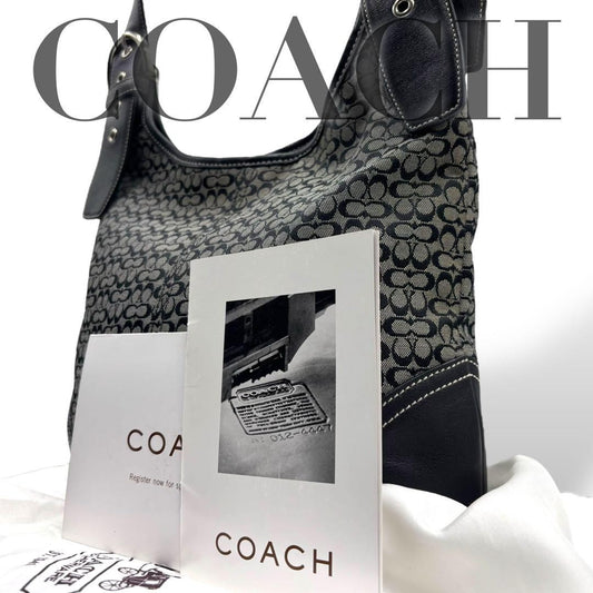 COACH Shoulder Bag Purse Signature 6386 Canvas Leather Black Gray Authentic